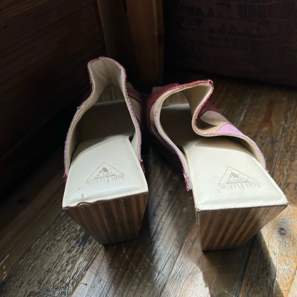 John Fluevog Red Pink Tan Suede Wedge Sandals - Picture 3 of 4